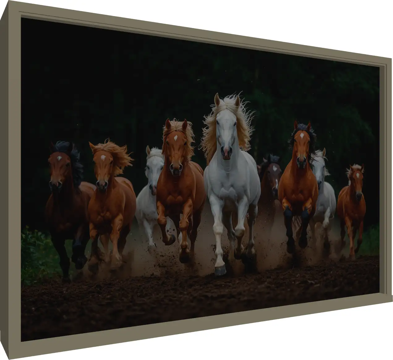 Majestic Horses Forest Landscape Print — floater frame preview | PrintPosters.in